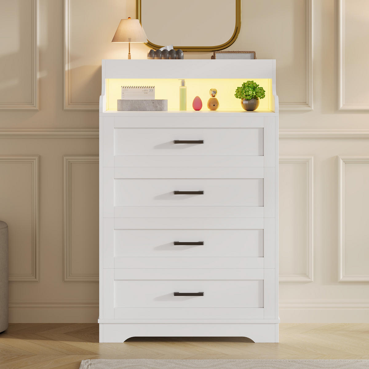 KOMMODE 4 Schubladen mit LED-Beleuchtung, skandinavisch, weiß - Weiß, Holz (73/114/39cm)