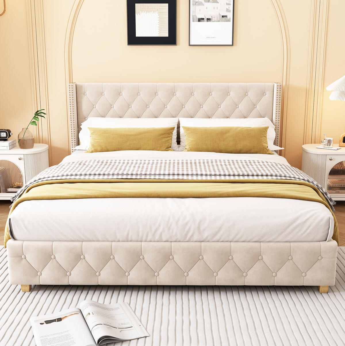 SAMT-POLSTERBETT 160/200 cm mit Lattenrost und gepolstertem Kopfteil in Hellbeige - Beige, Textil (160/200cm) - BEAOK