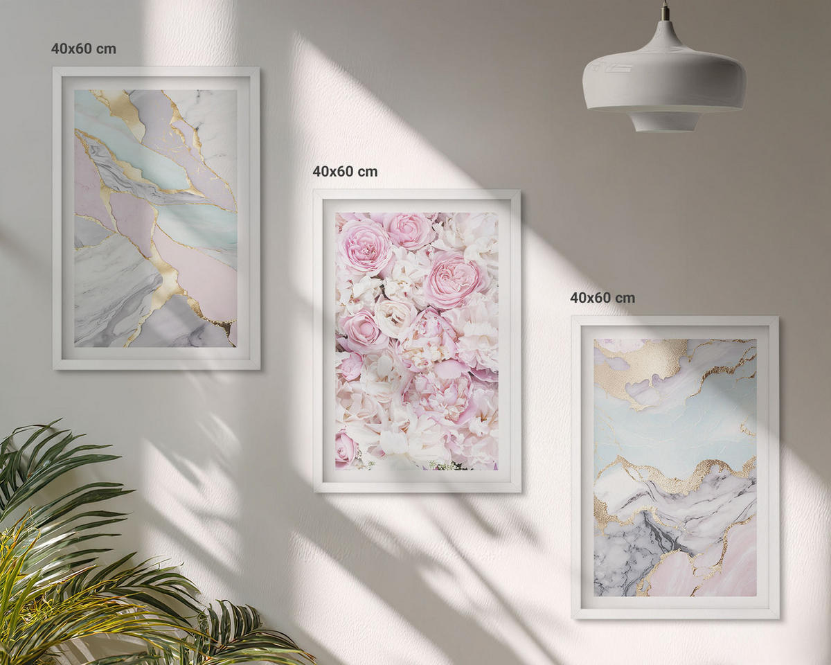 BILDER SET 3er Set - 40x60 cm Weißer Rahmen - Rosa Blumen Marmor Pastell - Weiß, Kunststoff (40/60cm) - TULUP