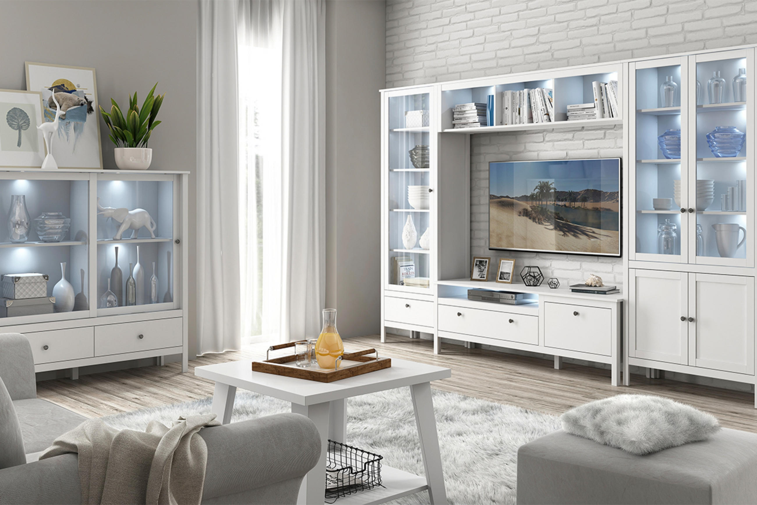 Thumbnail - Konsimo® Vitrinenschrank, Weiß, Holz, 1 Schubladen, Rechteckig, 65x201x37 cm, Hergestellt in Europa, Wohnzimmer, Wohnwän...