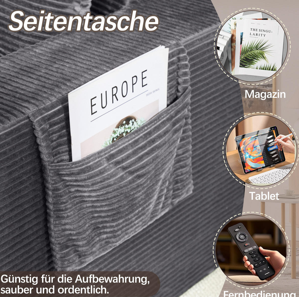 SOFA ausziehbar 2-Sitzer mit Seitentaschen Cord Dunkelgrau - Dunkelgrau, Kunststoff (140/67/85cm) - Meubliv
