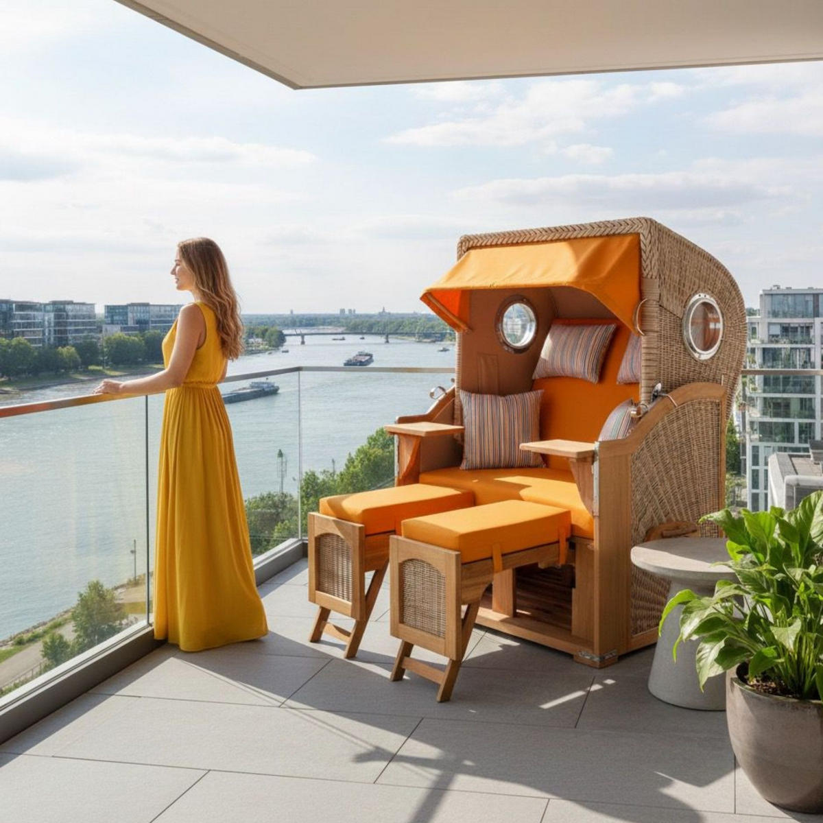 STRANDKORB Düne 2-Sitzer Teak Shell - Gelb/Braun, Holz/Metall (125/170/80cm) - Mr. Deko