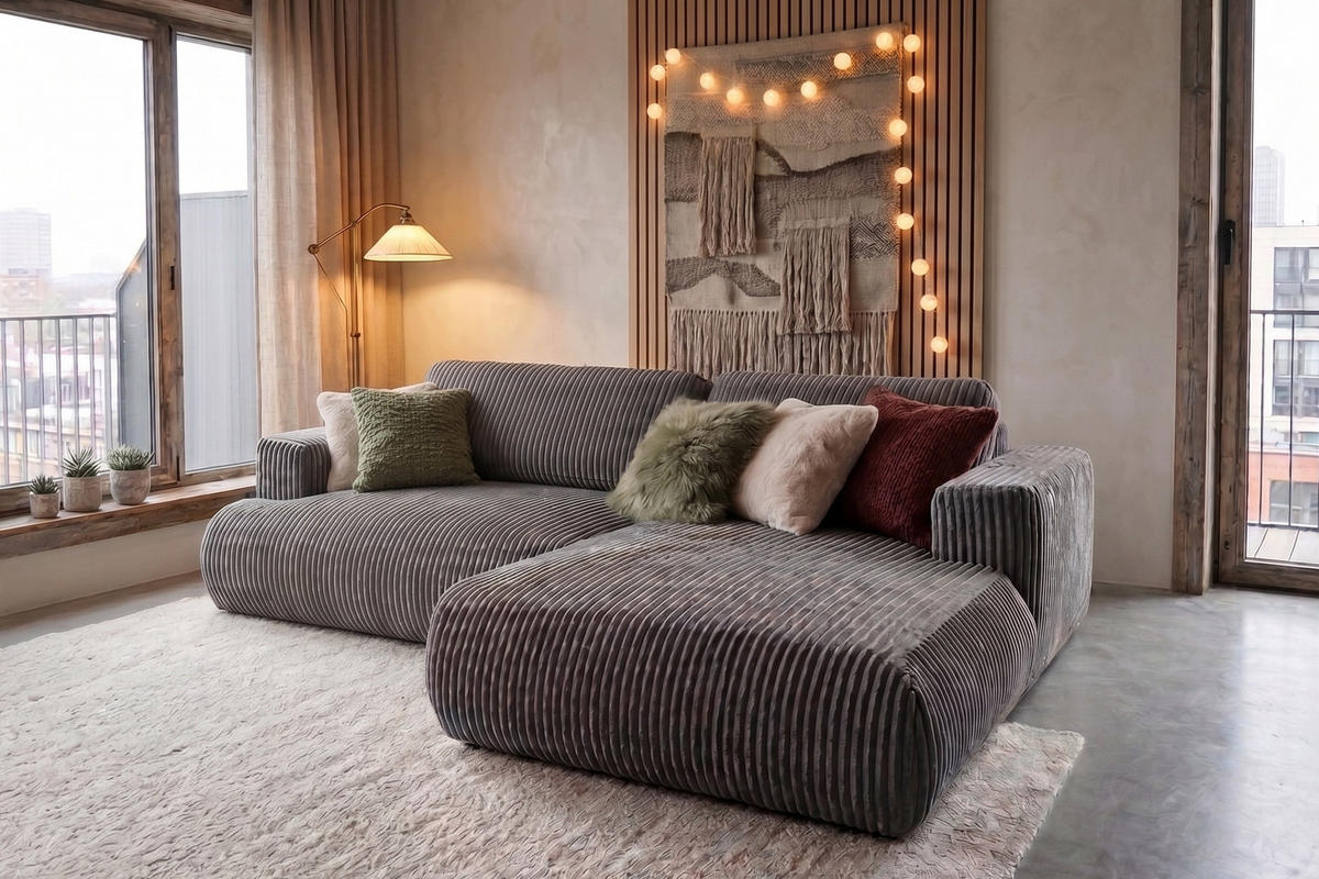 ECKSOFA Luna L rechts Grau aus Cord - Grau, Textil (271/195cm) - KS Home Concept