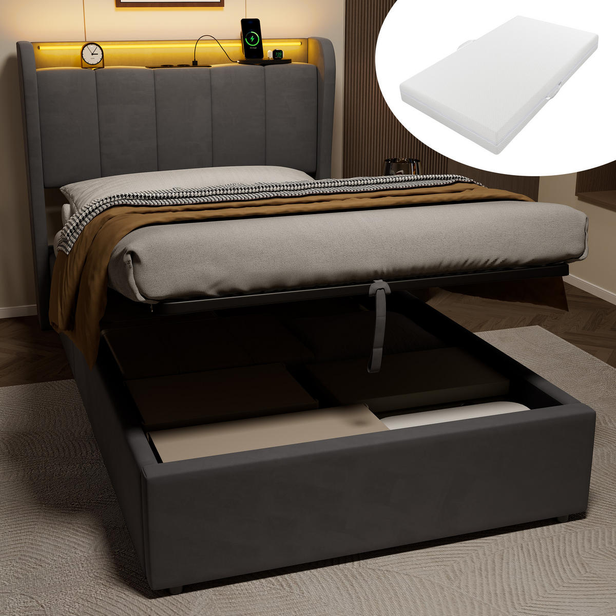 POLSTERBETT 90×200 mit Bettkasten und Matratze,Dunkelgrau - Grau, Holzwerkstoff/Textil (90/200cm) - EVRYAE