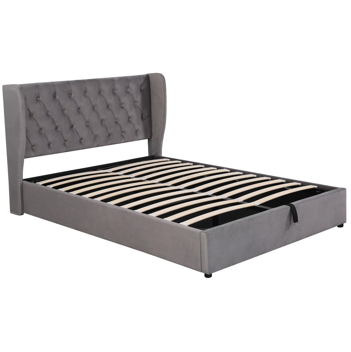 POLSTERBETT 140/190 cm mit hydraulischem Bettkasten, Samtbezug und Nieten-Design, Grau - Grau, Textil (140/190cm) - Redom