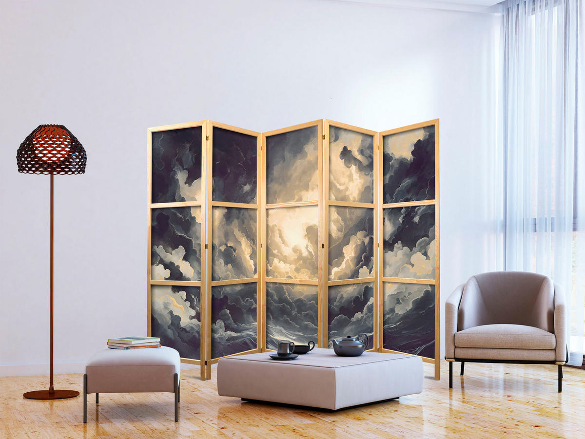 PARAVÁN Japonský 5-dielny 225x172 cm Malebné Oblaky - čierna, drevo/textil (225/172/3cm) - Muralo