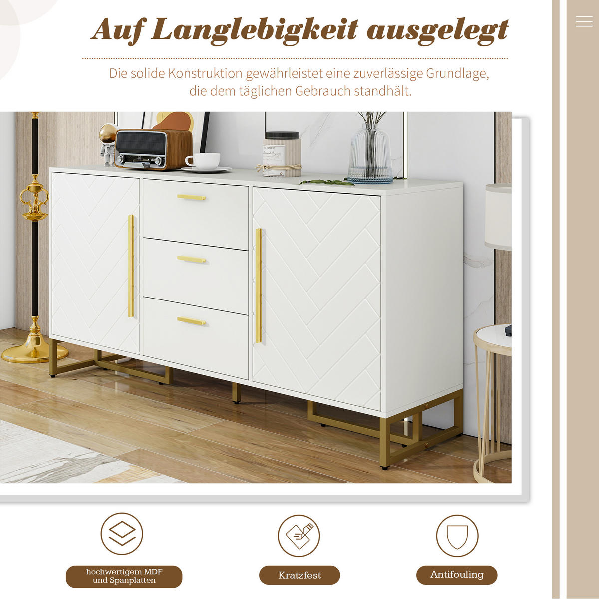 SIDEBOARD in Weiß Anrichte mit 2 Türen und 3 Schubladen für Esszimmer, Wohnzimmer und Küche, B145/T40/H75 cm - Goldfarben/Weiß, Holzwerkstoff/Metall (145/75/40cm) - STILVORA