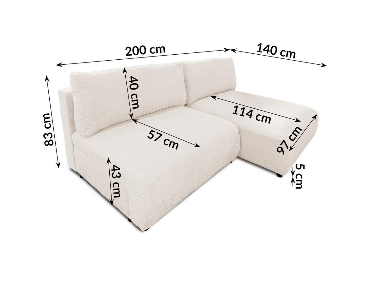 ECKSOFA Sora mit Schlaffunktion, Bettkasten und extra tiefer Komfortzone aus hochwertigem Creme Strukturstoff - Creme/Schwarz, Holz/Kunststoff (200/140cm) - S-Style