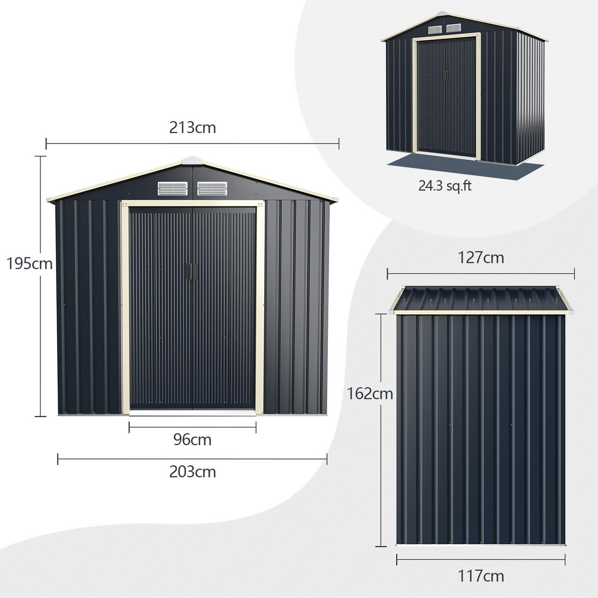 GERATEHAUS Metall abschließbar Grau - Grau, Metall (127/195/213cm) - COSTWAY