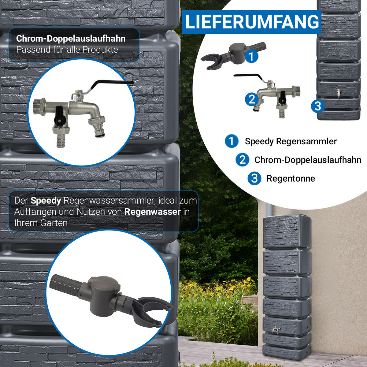 REGENTONNE Wandtank Komplett-Set 350 L, graphite grey inkl. Chrom-Doppelauslaufhahn und Fallrohranschluss - Grau, Kunststoff (39/184/60cm) - 4rain