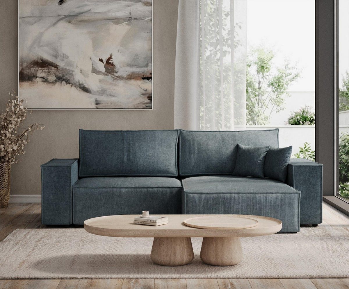 ECKSOFA CAVO mit Schlaffunktion Blau im Wind Stoff - Blau/Schwarz, Holz/Holzwerkstoff (255/148cm) - AltaBeds