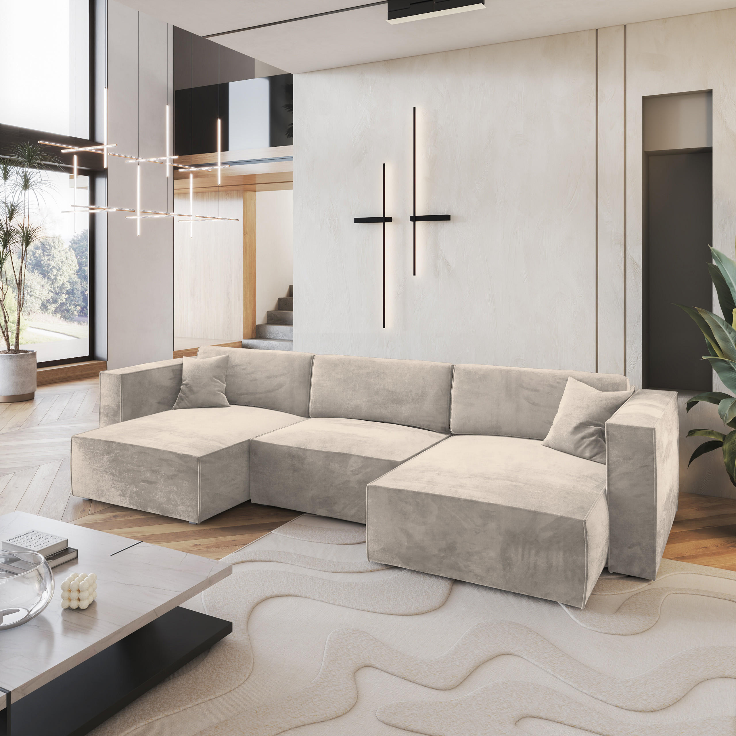 WOHNLANDSCHAFT SARMO M Creme Velours-Stoff mit Schlaffunktion - Creme, Holz (347/70/148cm) - MASSENO
