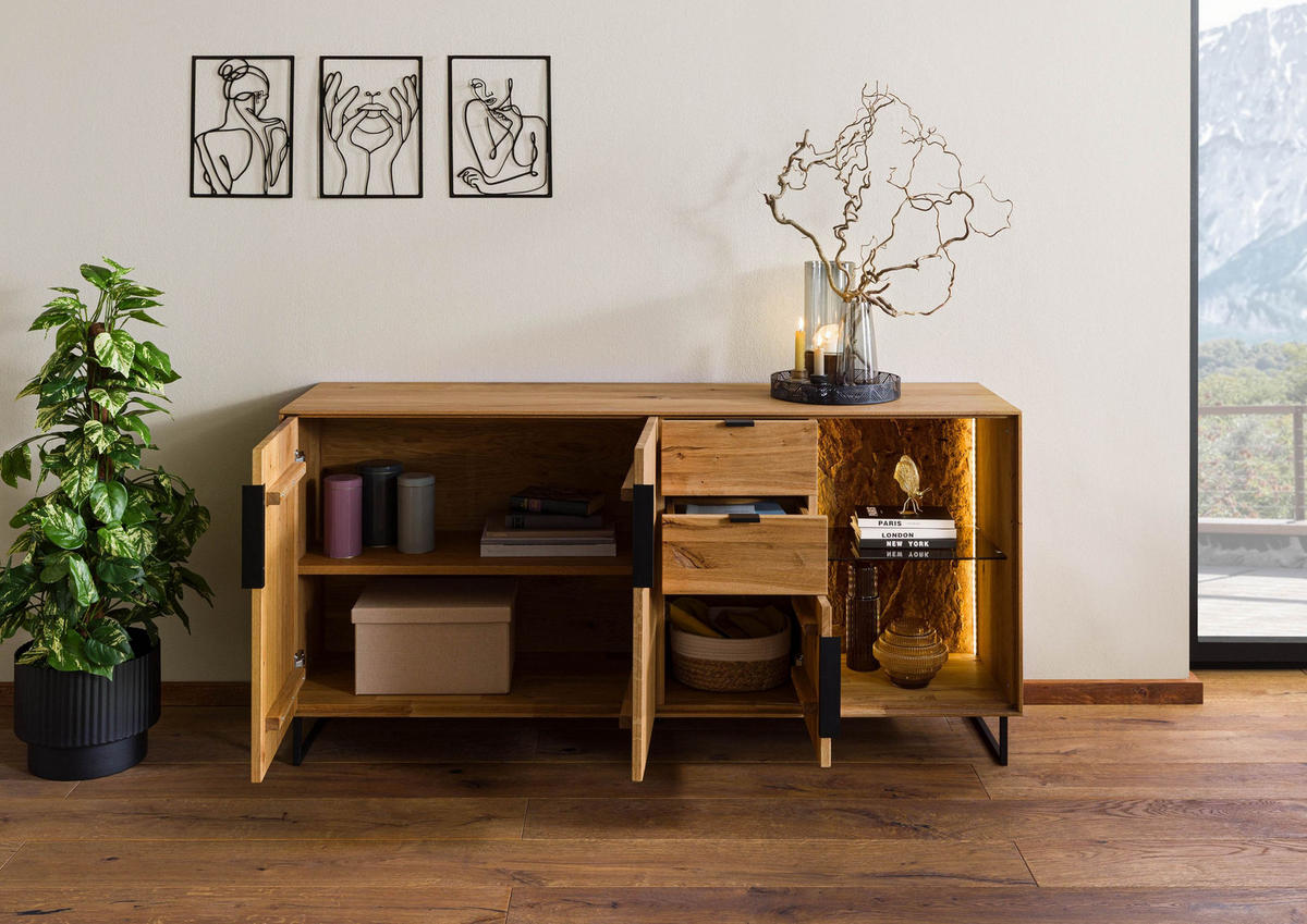 SIDEBOARD Wildeiche 160x43x79 natur geölt LINDAU #08 - Naturfarben, Holz (160/79/43cm) - Massivmoebel24