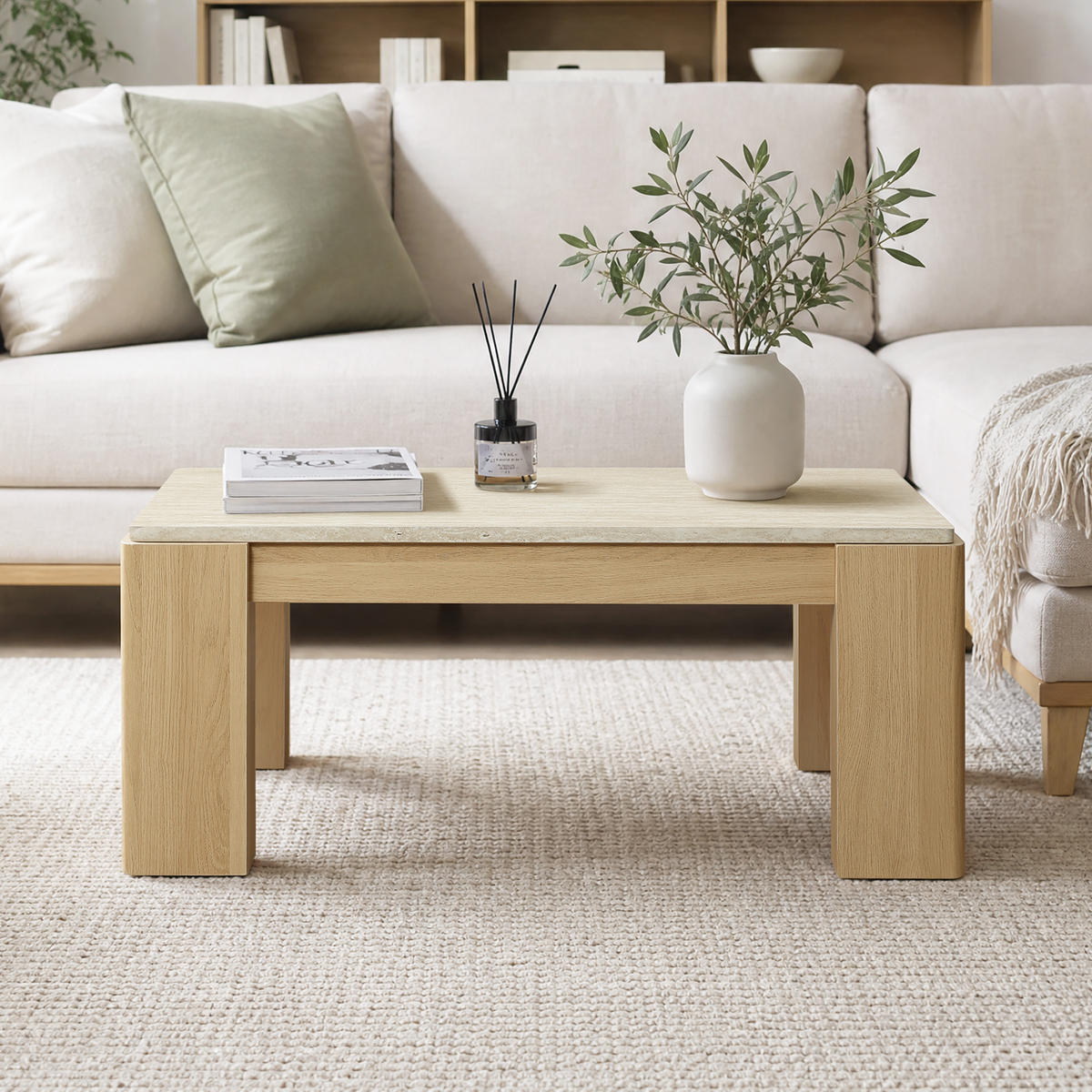 COUCHTISCH Holz mit Marmor Optik & Travertin-Optik, 100 × 54 × 40 cm - Eichefarben, Holzwerkstoff (54/100/40cm) - Hometopia