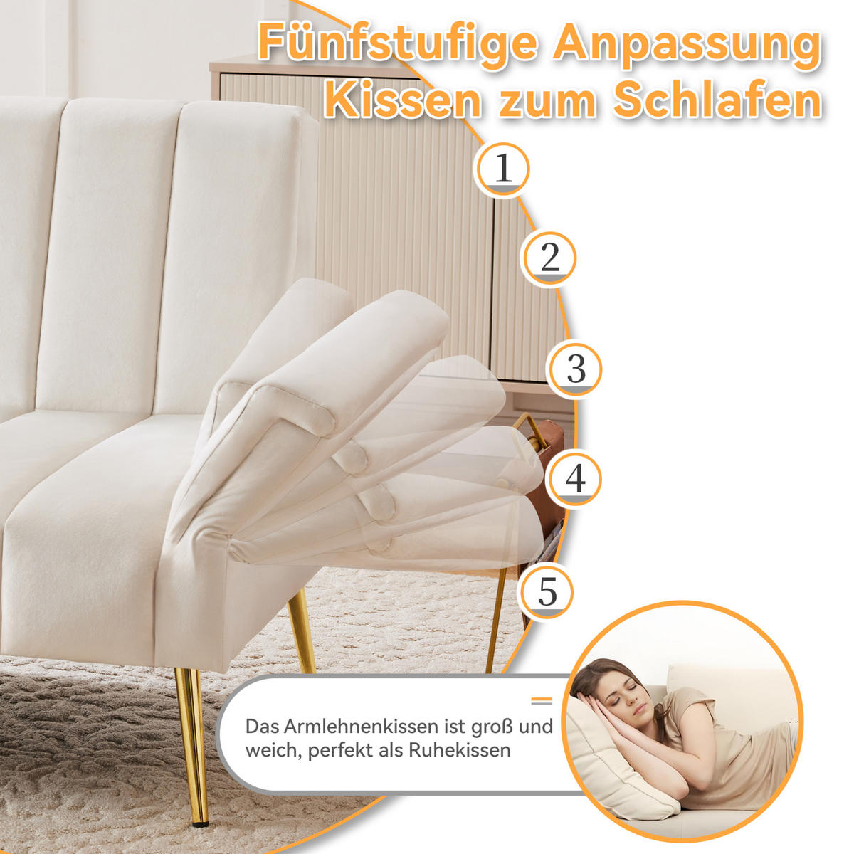 SCHLAFSOFA 183/76/75 cm in Beige – mit Samtbezug und verstellbaren Armlehnen - Beige, Textil (76/75/183cm) - BEAOK