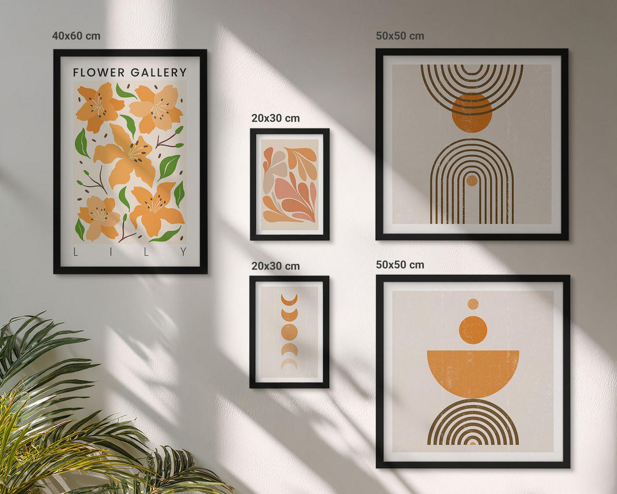 BILDER SET 5er Set - 50x50 cm & 20x30 cm & 40x60 cm Schwarzer Rahmen - Abstrakte orange Formen - Schwarz, Kunststoff (40/60cm) - TULUP