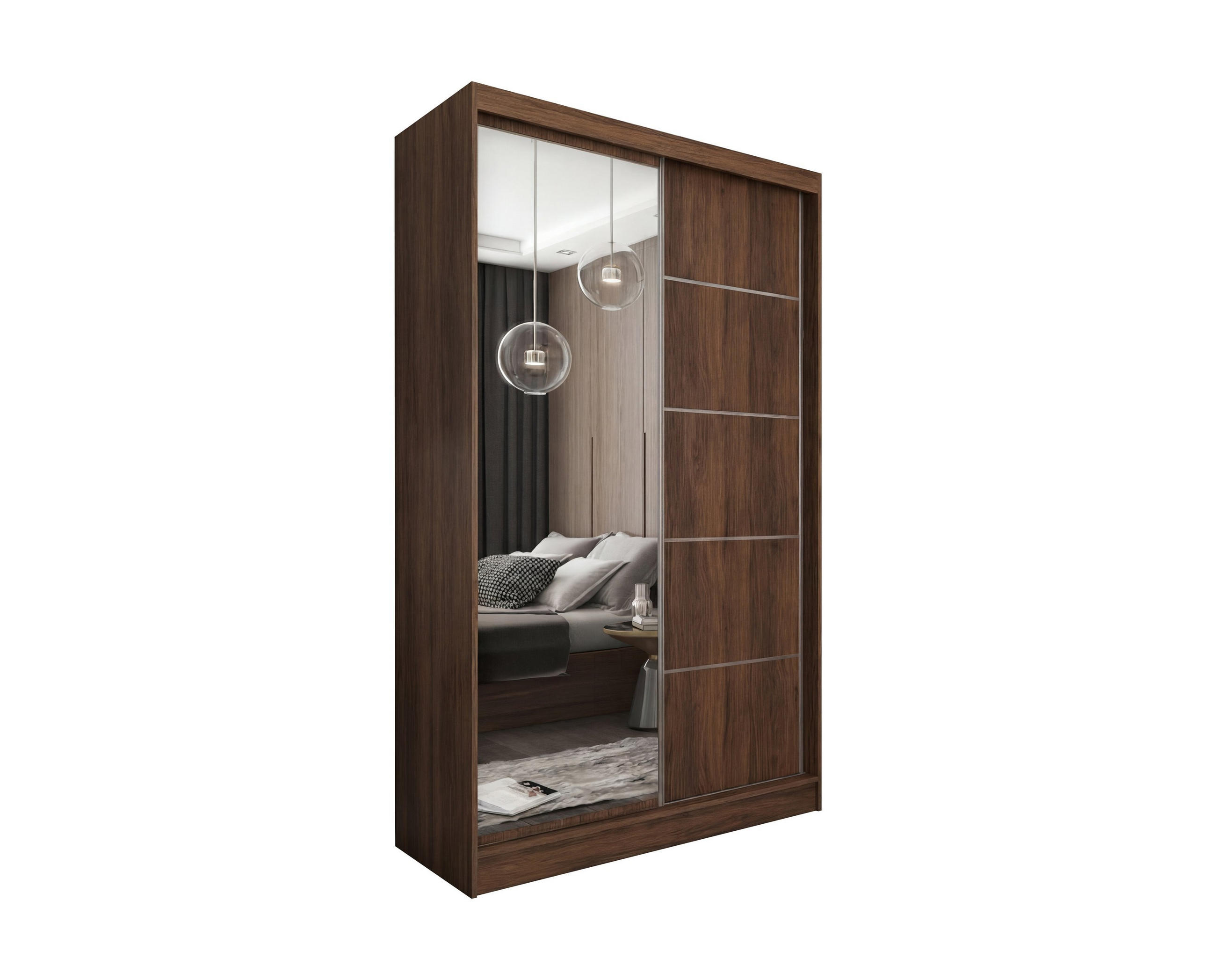 SCHWEBETÜRENSCHRANK MIRELLA 120/216/61 cm Modern Kleiderschrank 2-türig mit Spiegel Nussbaumfarben - Nussbaumfarben, Holzwerkstoff (120/216/61cm) - MASSENO