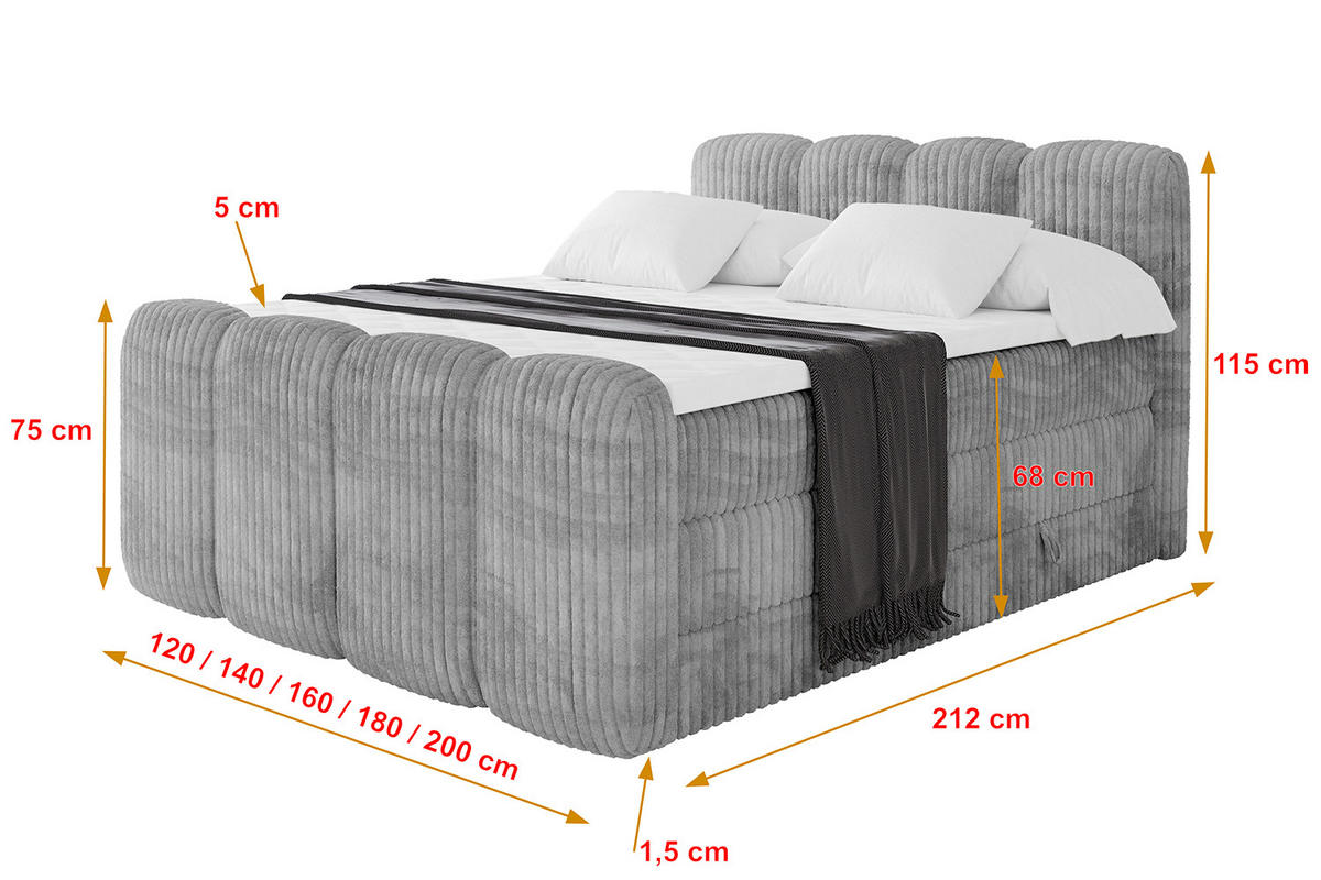 BOXBETT mit Matratze H3|H4 und Lattenrost - NINA-Z KING - 140x200 cm - Hellgrau - Hellgrau, Holzwerkstoff (140/200cm)