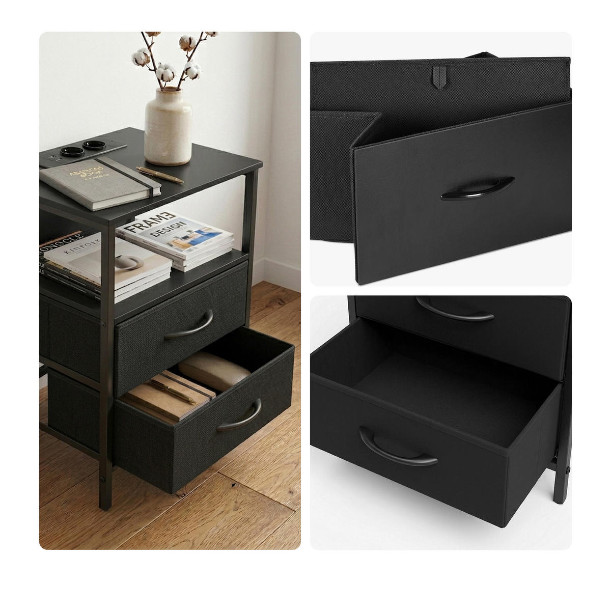 ODKLÁDACÍ stůl - černá, kov/kompozitní dřevo (30/40/60cm) - Relaxdays