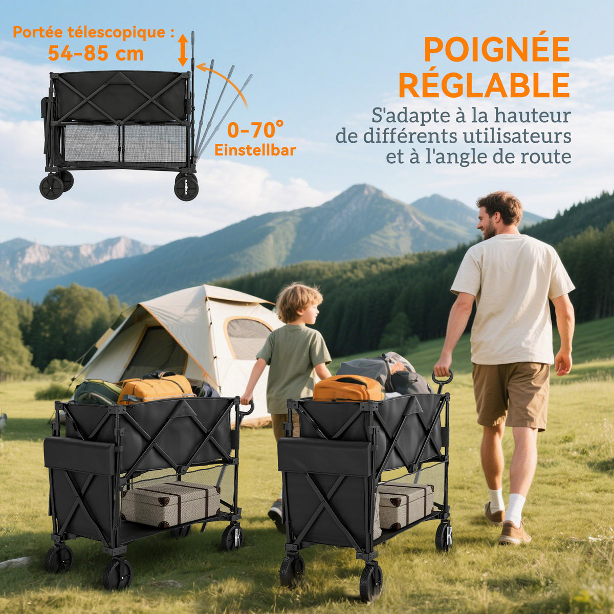 GARTENWAGEN DE-18767 2-stöckig, 350L & All-Terrain-Räder Schwarz - Schwarz, Metall (50/102/142cm) - ComfortXL