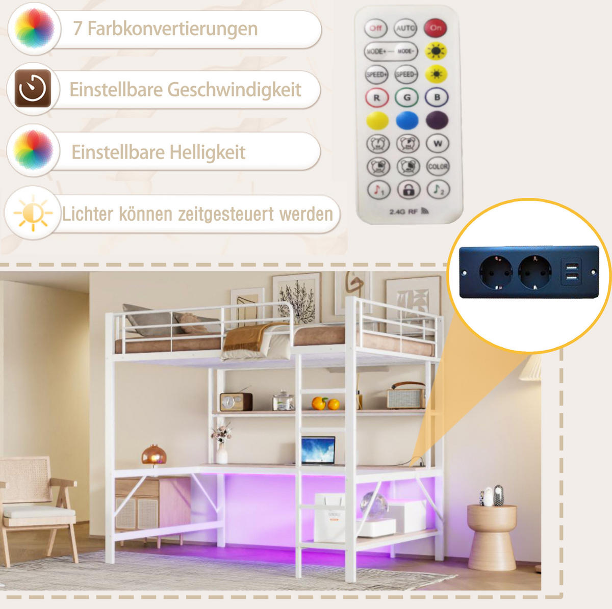 HOCHBETT 140/200 cm in Weiß mit Schreibtisch, Regal, USB und LED-Beleuchtung - Weiß, Metall (140/200cm) - Flora Grace