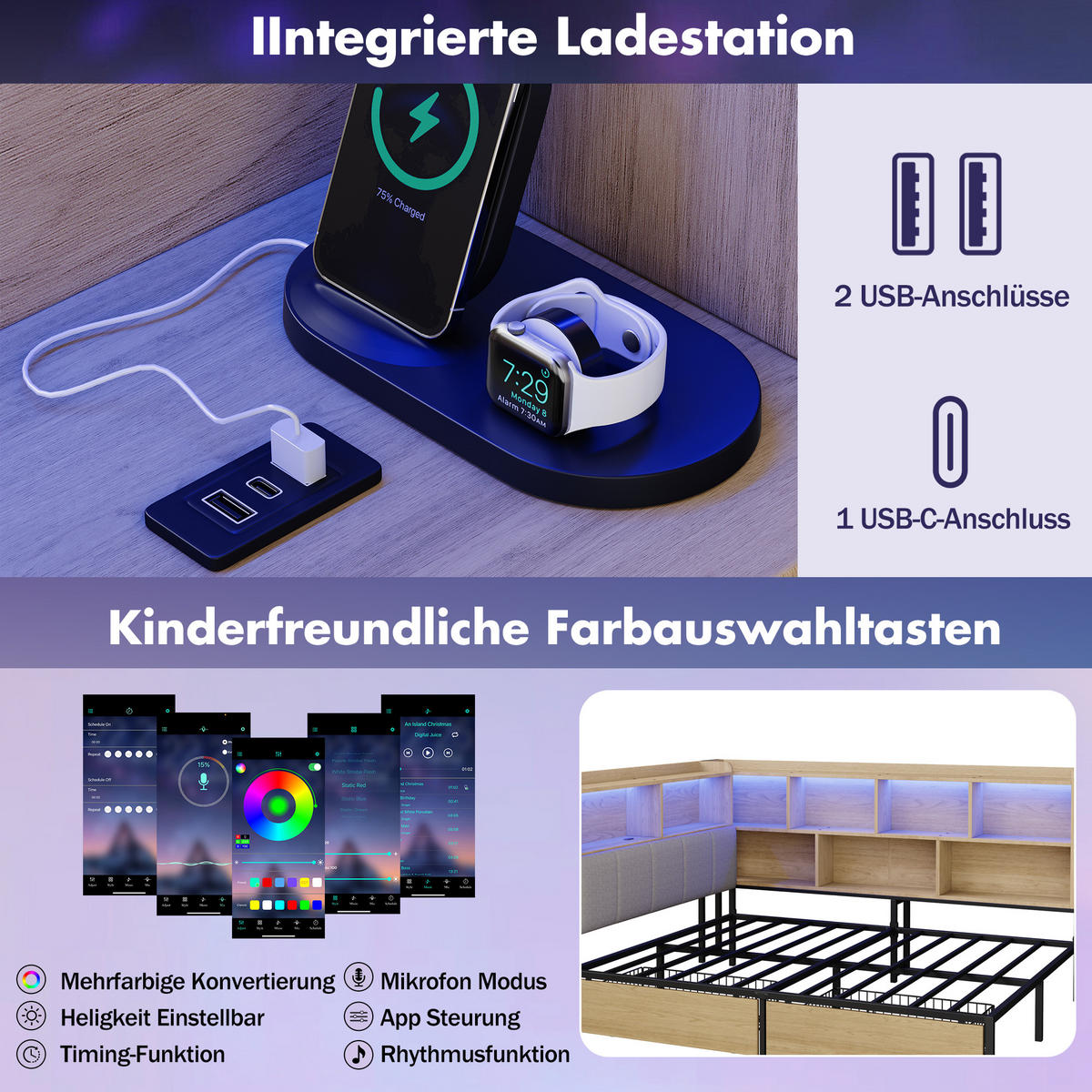 DAYBETT Natur 140x200 LED USB Type-C Schubladen Stauraum - Naturfarben, Metall (140/200cm) - FLIEKS