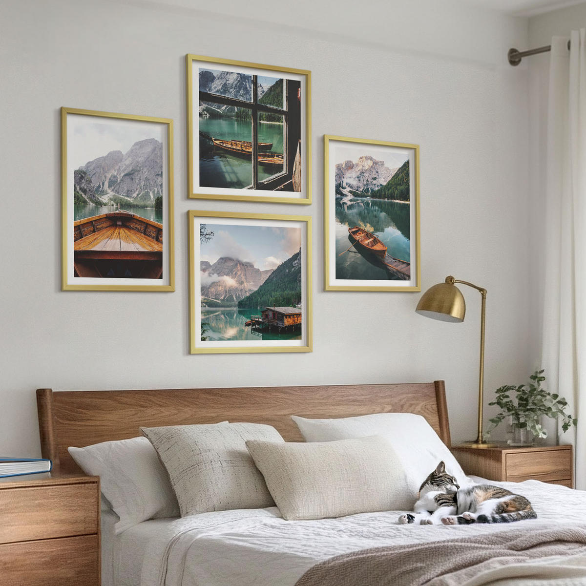 WANDBILDER 4er Set - 50x50 cm & 40x60 cm Goldrahmen - See, Berge, Boote, Hütte, Fenster - Goldfarben, Kunststoff (50/50cm) - ArtPrintCave