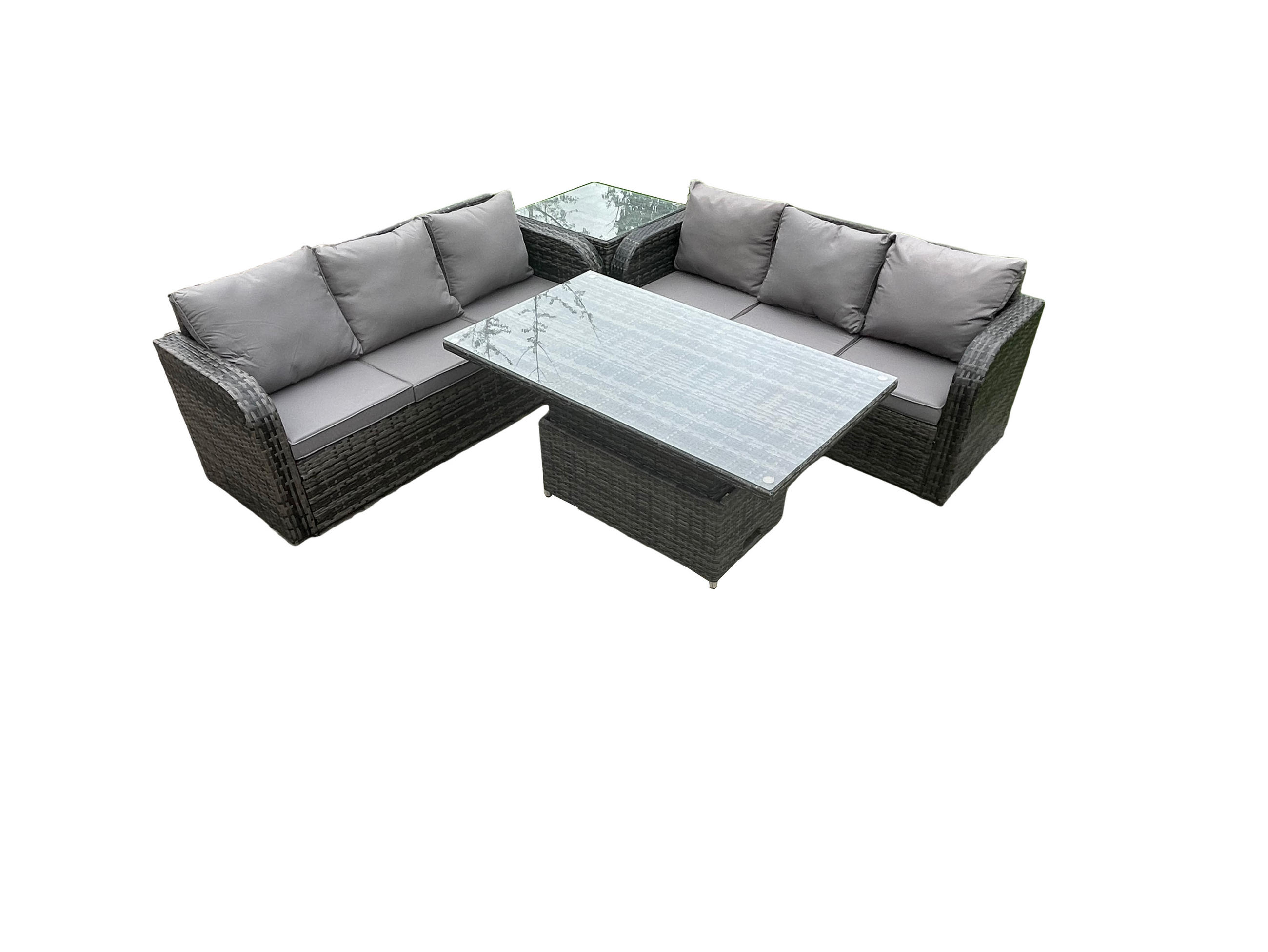 LOUNGESOFA Polyrattan 6-Sitzer - Dunkelgrau/Grau, Glas/Kunststoff - Fimous
