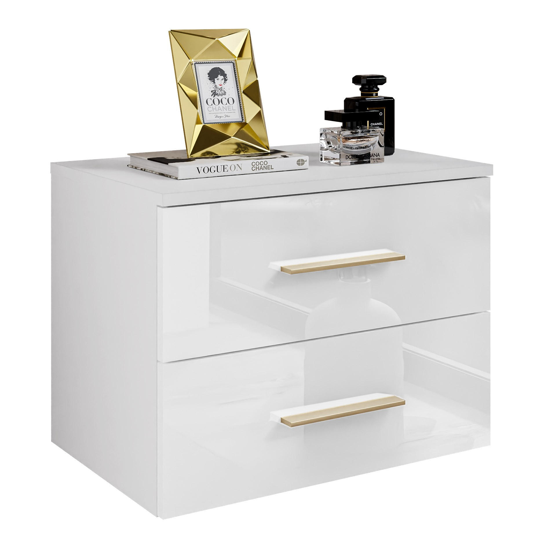 NACHTTISCH LINA II hängend mit goldenen Chromgriffen, LED, Hochglanz - Weiß, Holzwerkstoff (55/42/37cm) - Lookway