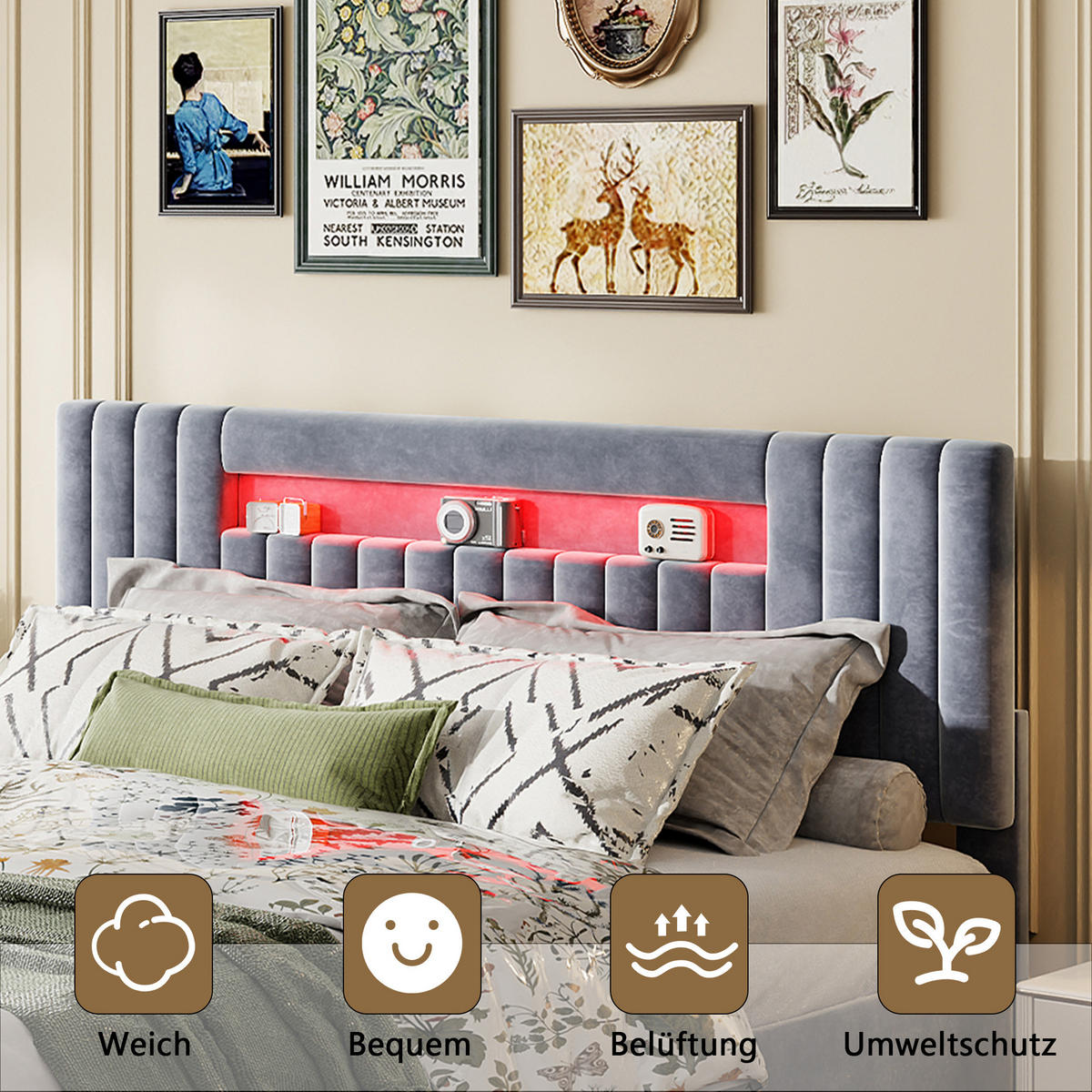 STAURAUMBETT 160x200 cm,Polsterbett in Grau mit LED & Bettkasten, Samt - Grau, Holz/Metall (160/200cm) - PARAFTA HOME