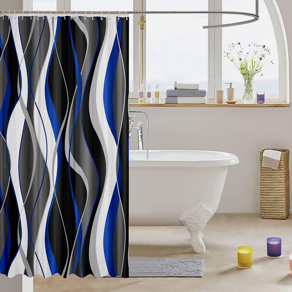 DUSCHVORHANG abstrakt bedruckt gestreift Blau wasserdicht mit Haken für Badewanne 180 x 180 cm - Blau, Textil (180/180cm) - MCBOSON