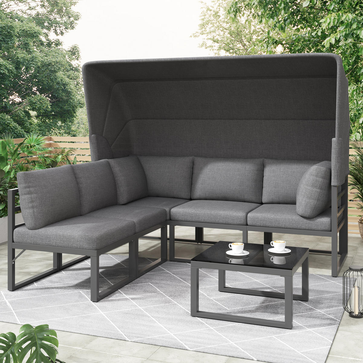 GARTENMÖBEL-SET 176/65/145 cm grau aus Eisen mit Sonnenschutz - Grau, Metall - OKWISH