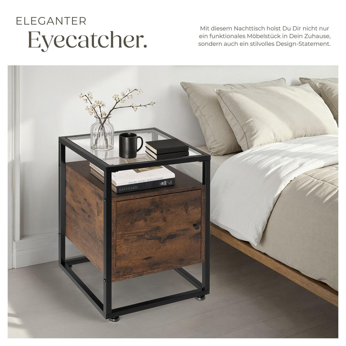 NACHTSCHRANK Dudley, 40 x 43 x 60,5 cm, Industrial Holz dunkel, rustikal - Rostfarben, Holzwerkstoff (40/60.5/43cm) - tectake