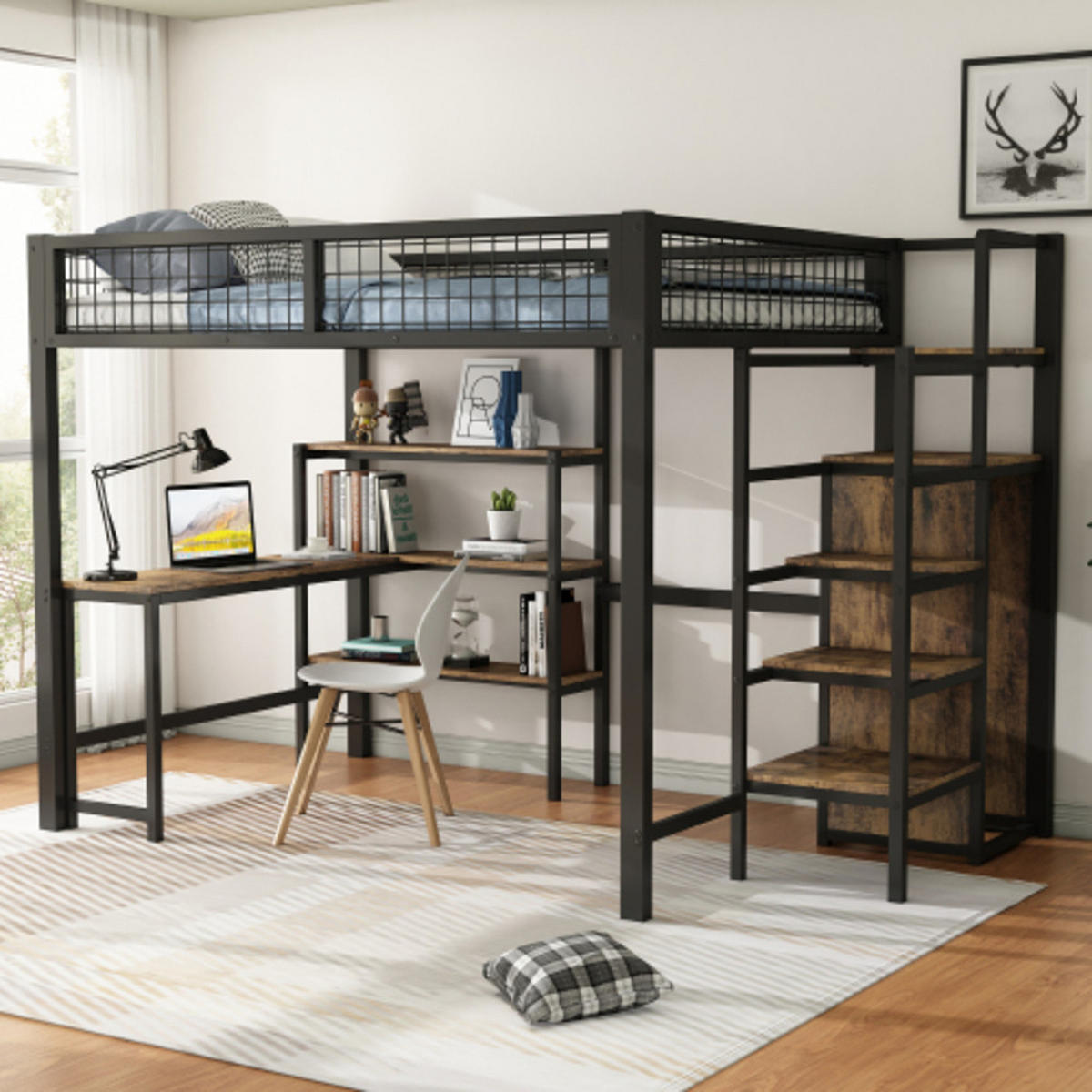 HOCHBETT 140 × 200 cm aus Metall und MDF mit Schreibtisch, Regalen und Kleiderschrank, schwarz - Schwarz, Holzwerkstoff - Luhomfu