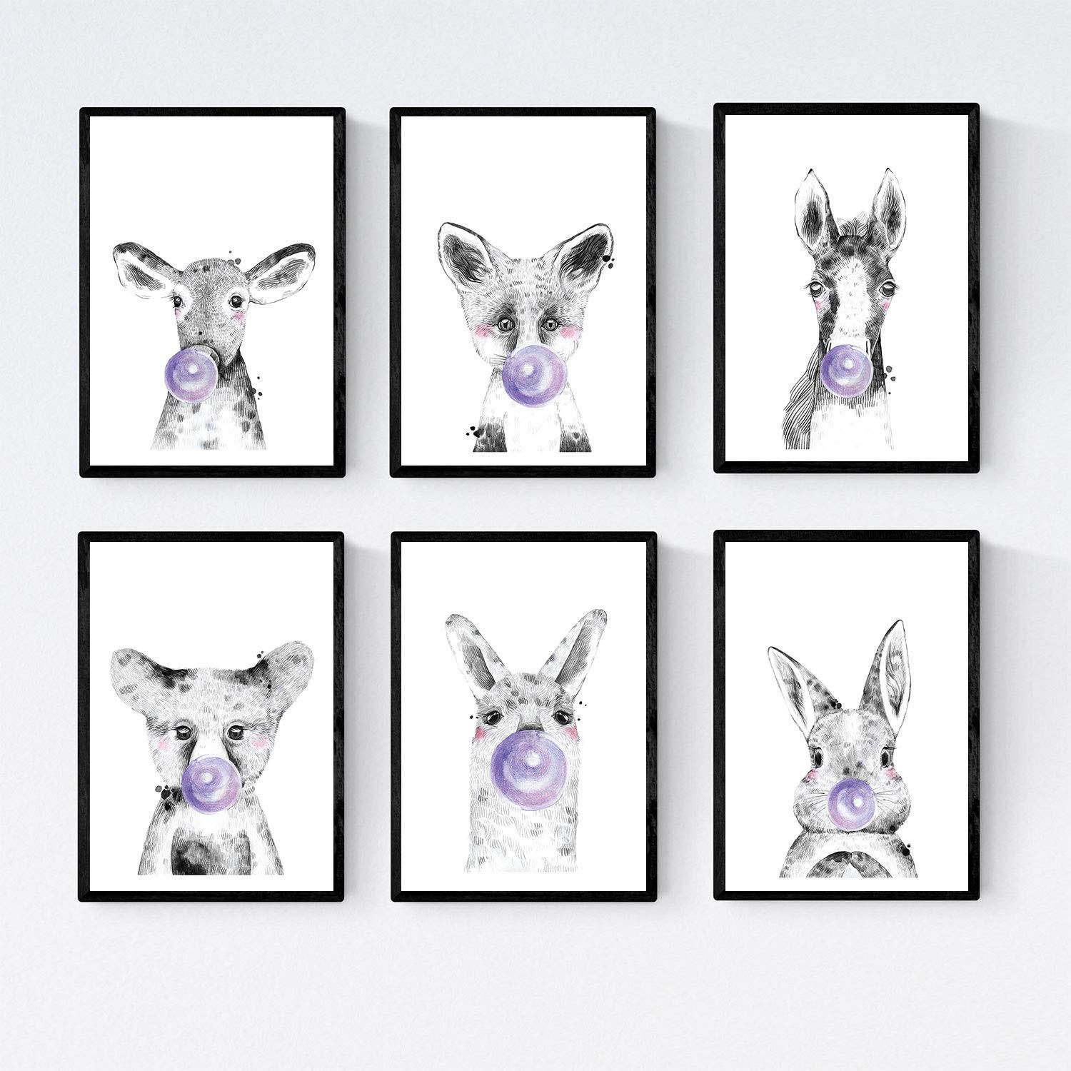 POSTER Set Mit 6 Tiere Babys Mit Kaugummi Kaninchenkuh Fuchs Pferd - Klar, Papier (29/3cm) - Nacnic