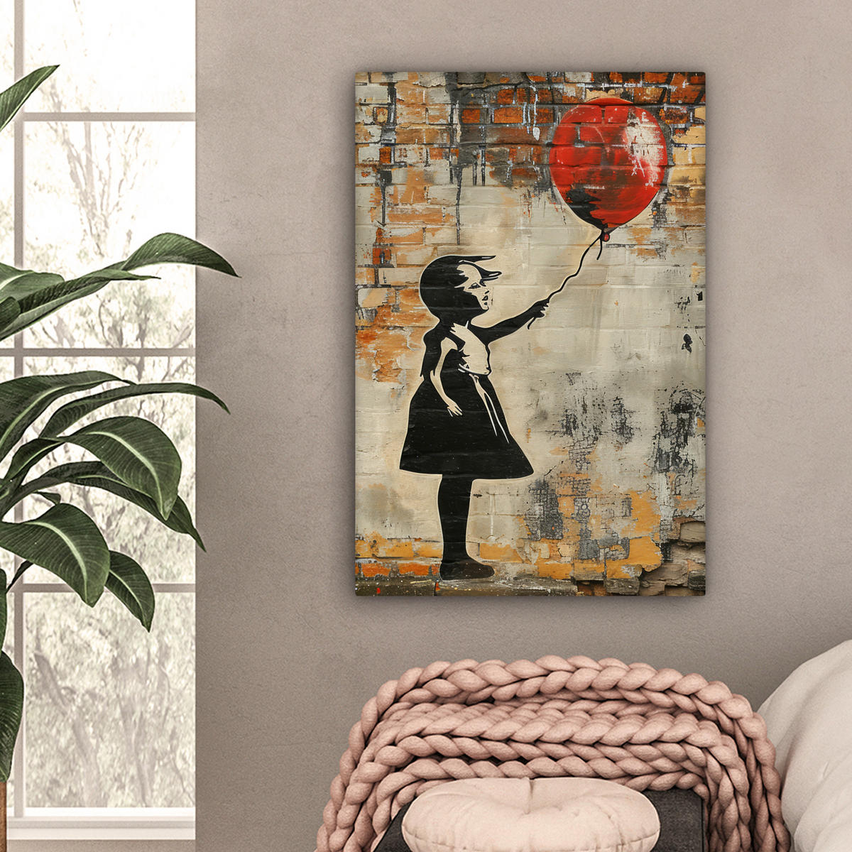 LEINWANDBILD Graffiti - Banksy - Mädchen - Straßenkunst 40x60 cm - Sandfarben, Textil (40/60cm) - MuchoWow