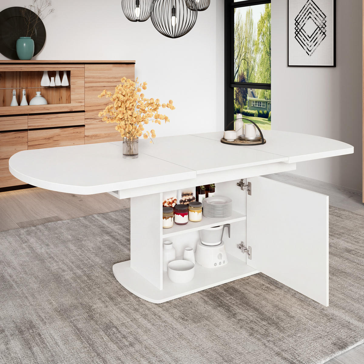 ESSTISCH Multifunktionaler Arbeitstisch mit ausziehbarer Funktion und Stauraum, Schränke unter Tisch, Esszimmer - Weiß, Holzwerkstoff/Metall (200/80/75cm) - EVRYAE