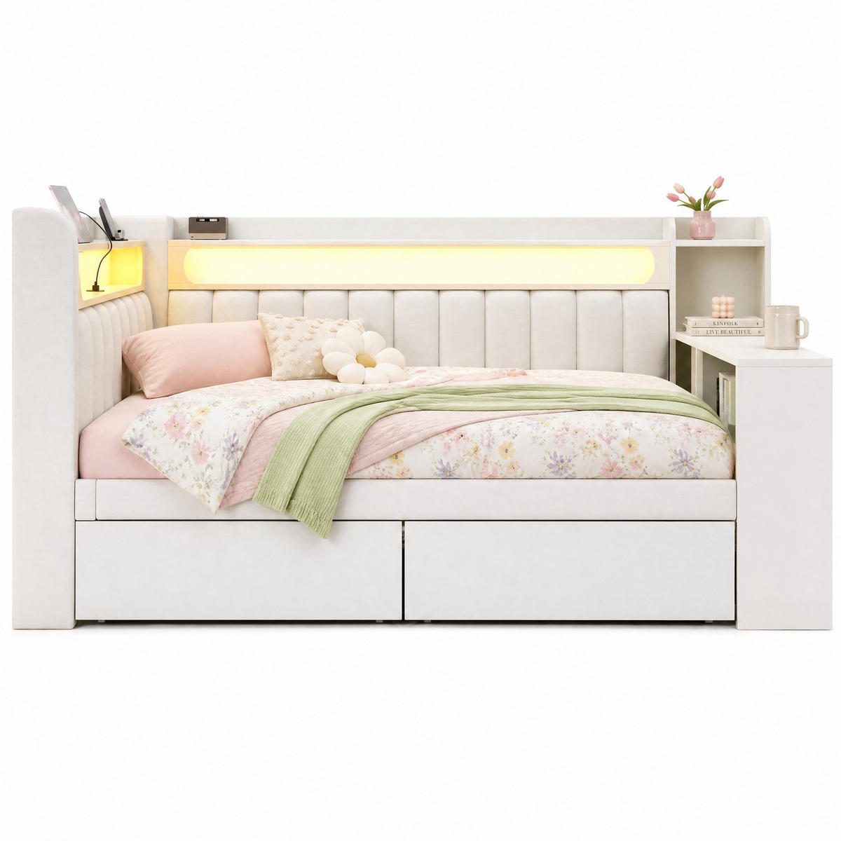 DENNÍ POSTEL 140/200 cm v bílé barvě s LED osvětlením, USB a 2 zásuvkami - bílá, kov/kompozitní dřevo (140/200cm) - CHICFURN