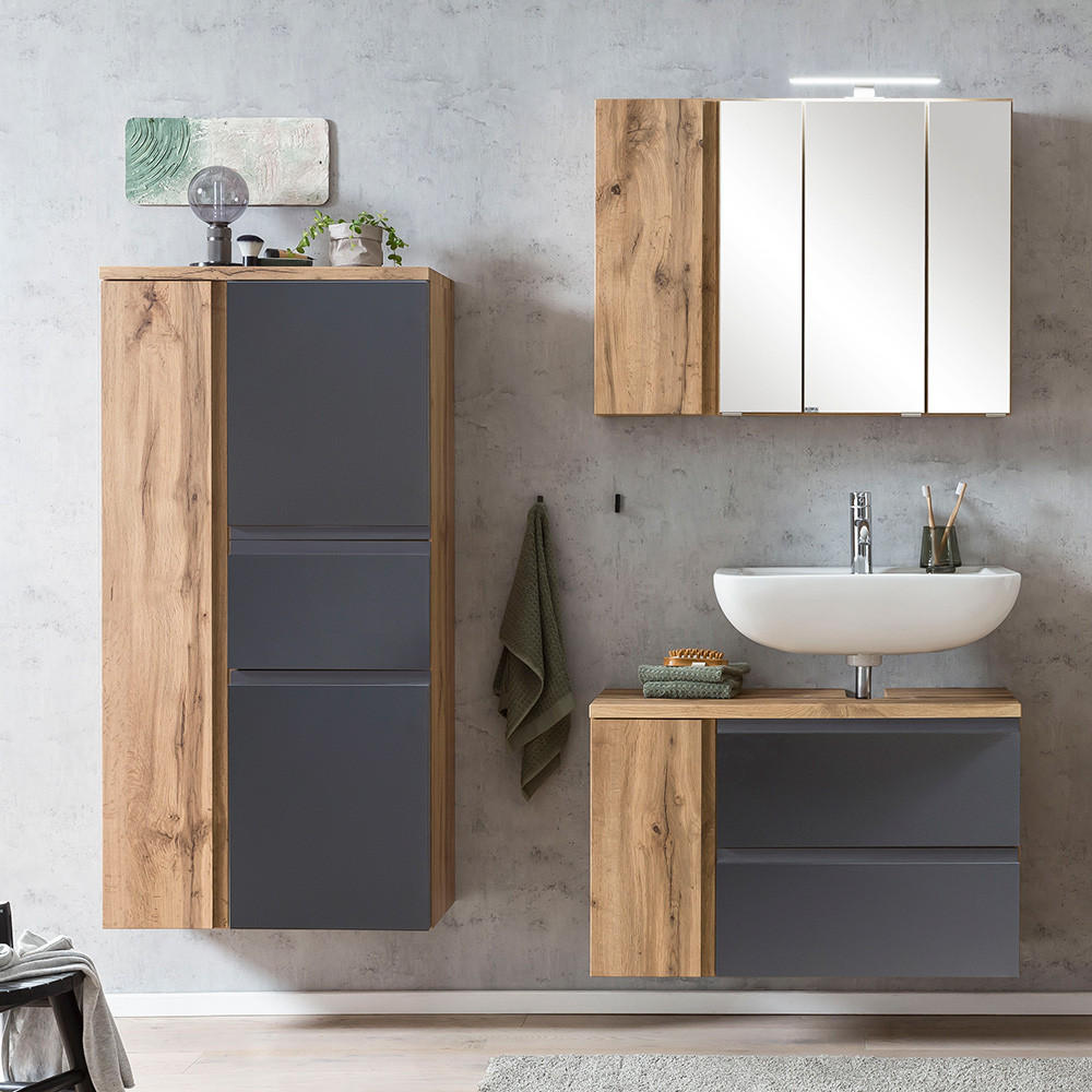 BADMÖBEL-SET 3-TLG. Vasto-03 - Grau, Holzwerkstoff (165/200/35cm) - Lomado