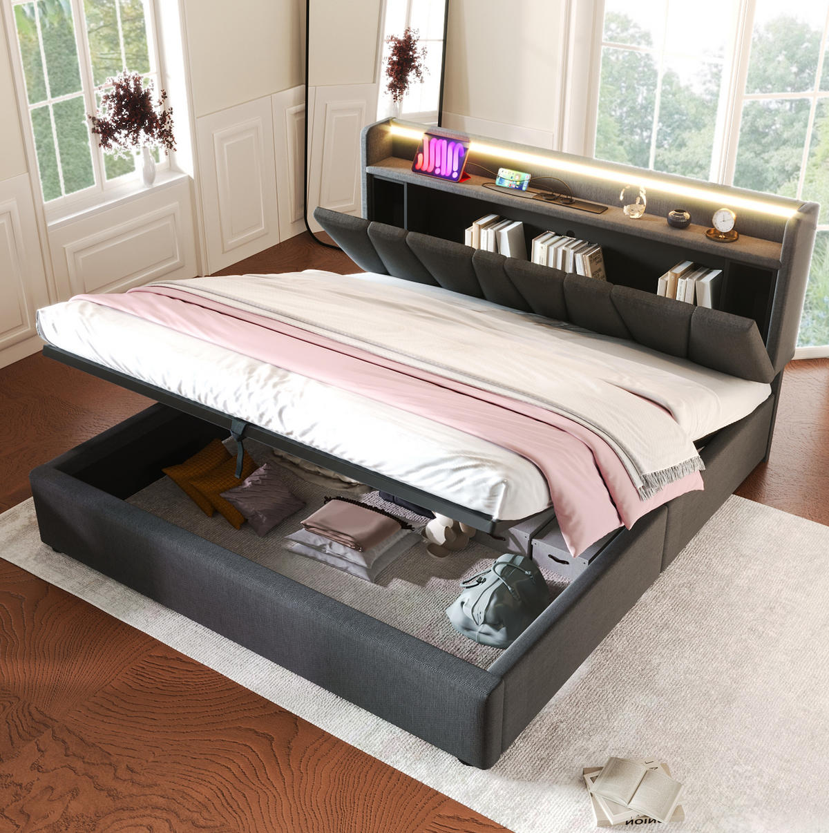 POLSTERBETT 140/200 cm mit LED-Beleuchtung, Stauraum-Kopfteil und USB in Grau - Grau, Textil (140/200cm) - BEAOK