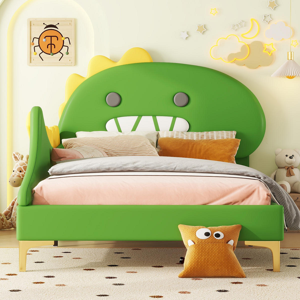 KINDERBETT mit Dinosaurier-Kopfteil 90x200 cm PU Grün - Grün, Holzwerkstoff (90/200cm) - Beauniv