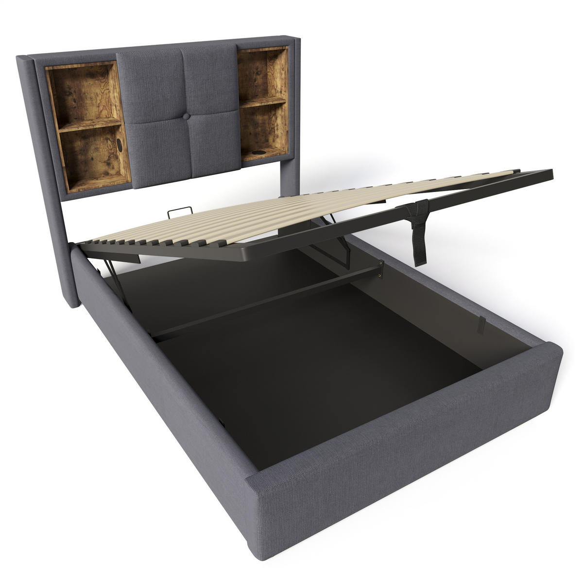 POLSTERBETT 90/200 cm mit kabellosem Laden, USB-C, Bettkasten und Matratze aus Baumwolle, Grau - Grau, Textil (90/200cm) - Redom
