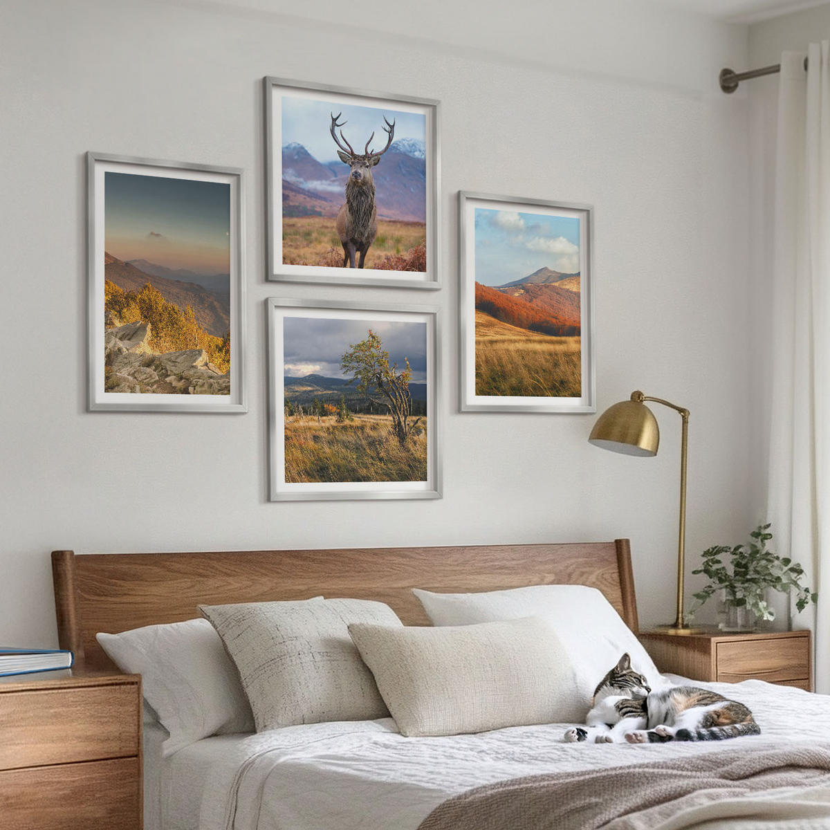 BILDER SET 4er Set - 50x50 cm & 40x60 cm Silberner Rahmen - Berglandschaften, Hirschgras - Silberfarben, Kunststoff (50/50cm) - TULUP