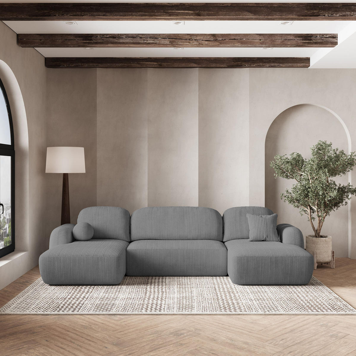 ROHOVÁ SEDAČKA SAVONA šedá - šedá/černá, dřevo/textil (320/148cm) - MASSENO