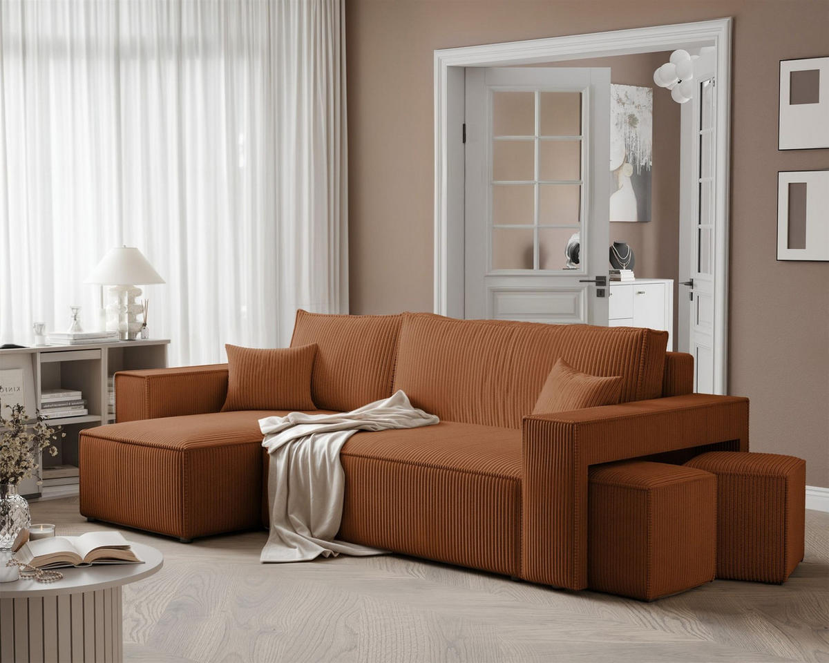ECKSOFA Adara Inkl. Hocker - Hellbraun, Holzwerkstoff/Textil (262/145cm) - Fun Möbel