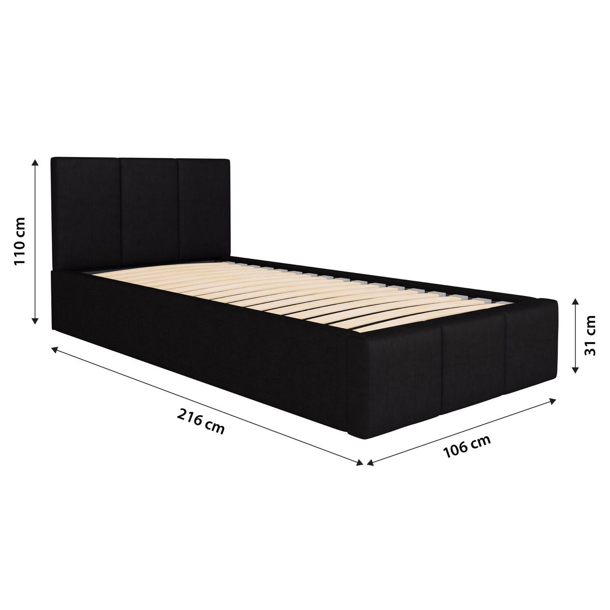 POLSTERBETT für Schlafzimmer Bett mit Stauraum Schwarz 90x200cm Kopfteil 110cm - Schwarz, Holzwerkstoff (90/200cm) - Muralo