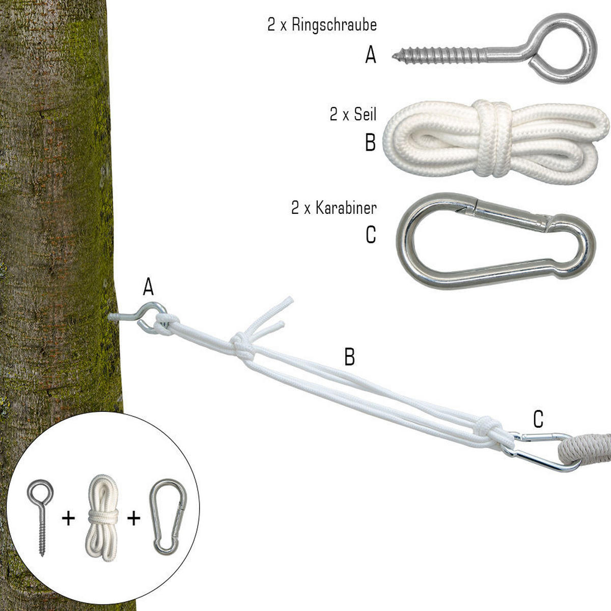 HÄNGEMATTEN Befestigung Panja - mit Karabiner und Schrauben - Weiß, Kunststoff (220cm) - Amanka