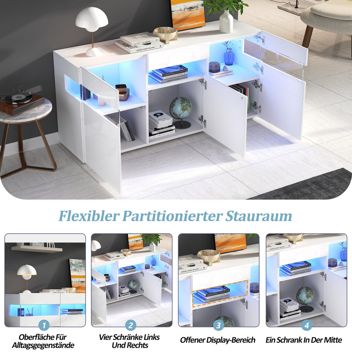 SIDEBOARD 140cm Hochglanz LED 3 Türen 7 Fächer Weiß modern - Weiß, Holzwerkstoff (40.5/66.5/140cm) - FLIEKS
