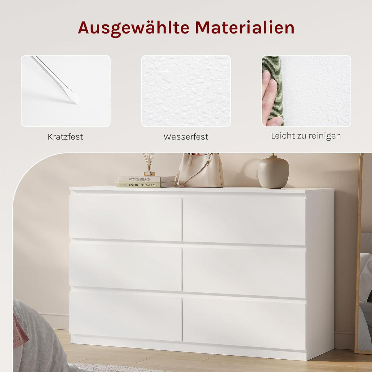 KOMMODE 6 Schubladen Holzwerkstoff 120/40/75 cm Weiß - Weiß, Holzwerkstoff (40/75/120cm) - Woltu