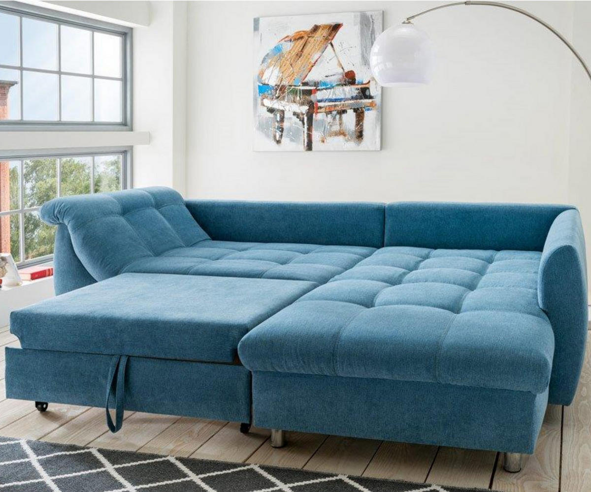 ECKSOFA mit Schlaffunktion, Wellenunterfederung, Ottomane rechts B250/T190/H84 cm, Liegefl. 179x190 cm, Mikrofaser Blau / 17107 - Blau/Chromfarben, Textil/Metall (250/190cm) - luma-home